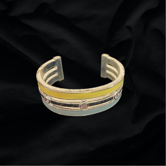 Metal Wrist Cuff in Blue, Yellow, and Silver with Pink Rhinestones - Picture 6 of 8